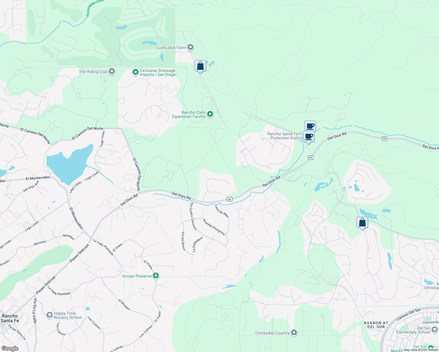 map of restaurants, bars, coffee shops, grocery stores, and more near 7508 Vista Rancho Court in Rancho Santa Fe