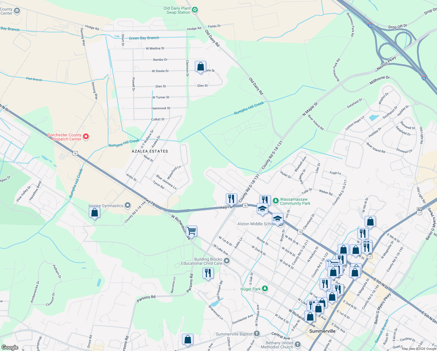 map of restaurants, bars, coffee shops, grocery stores, and more near 217 Winter Drive in Summerville