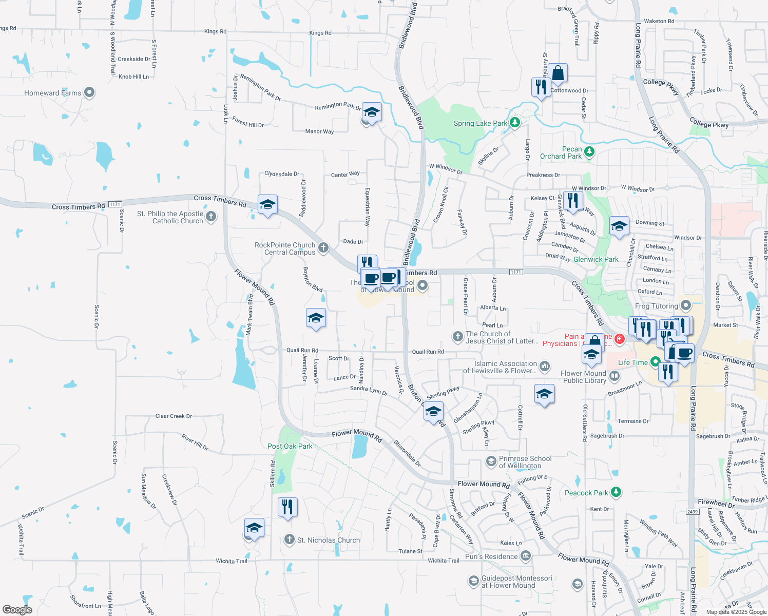 map of restaurants, bars, coffee shops, grocery stores, and more near 4009 Edna Valley Court in Flower Mound