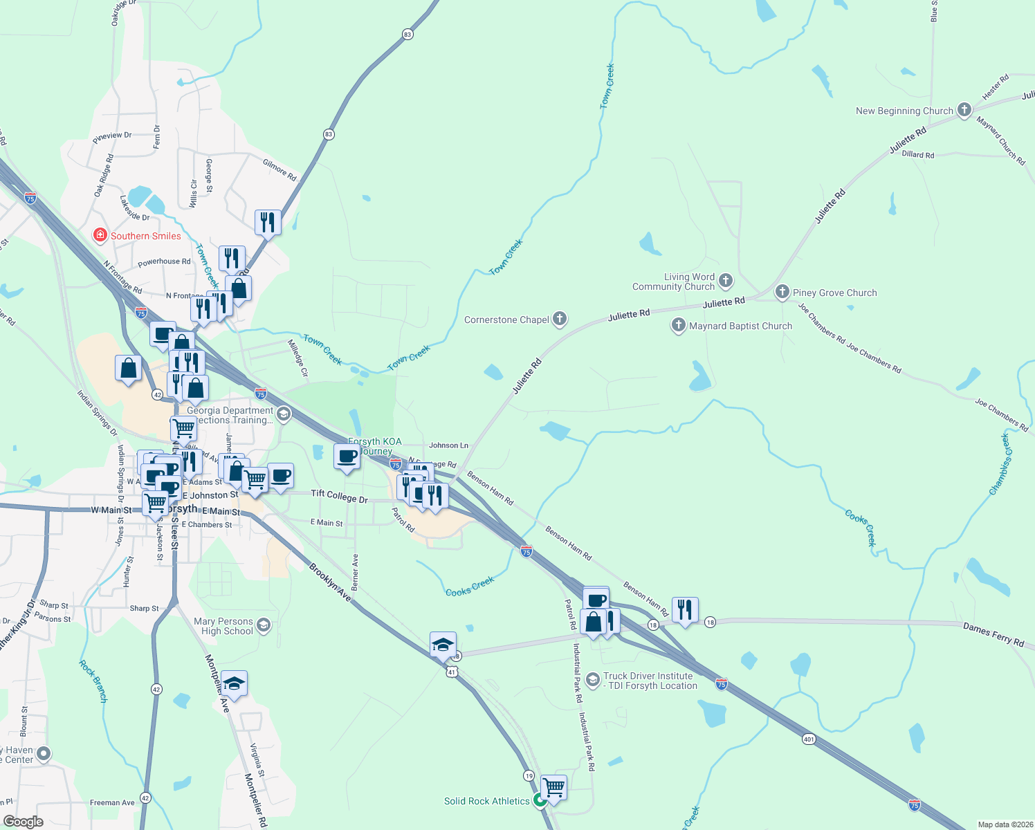 map of restaurants, bars, coffee shops, grocery stores, and more near 111 Conifer Drive in Forsyth