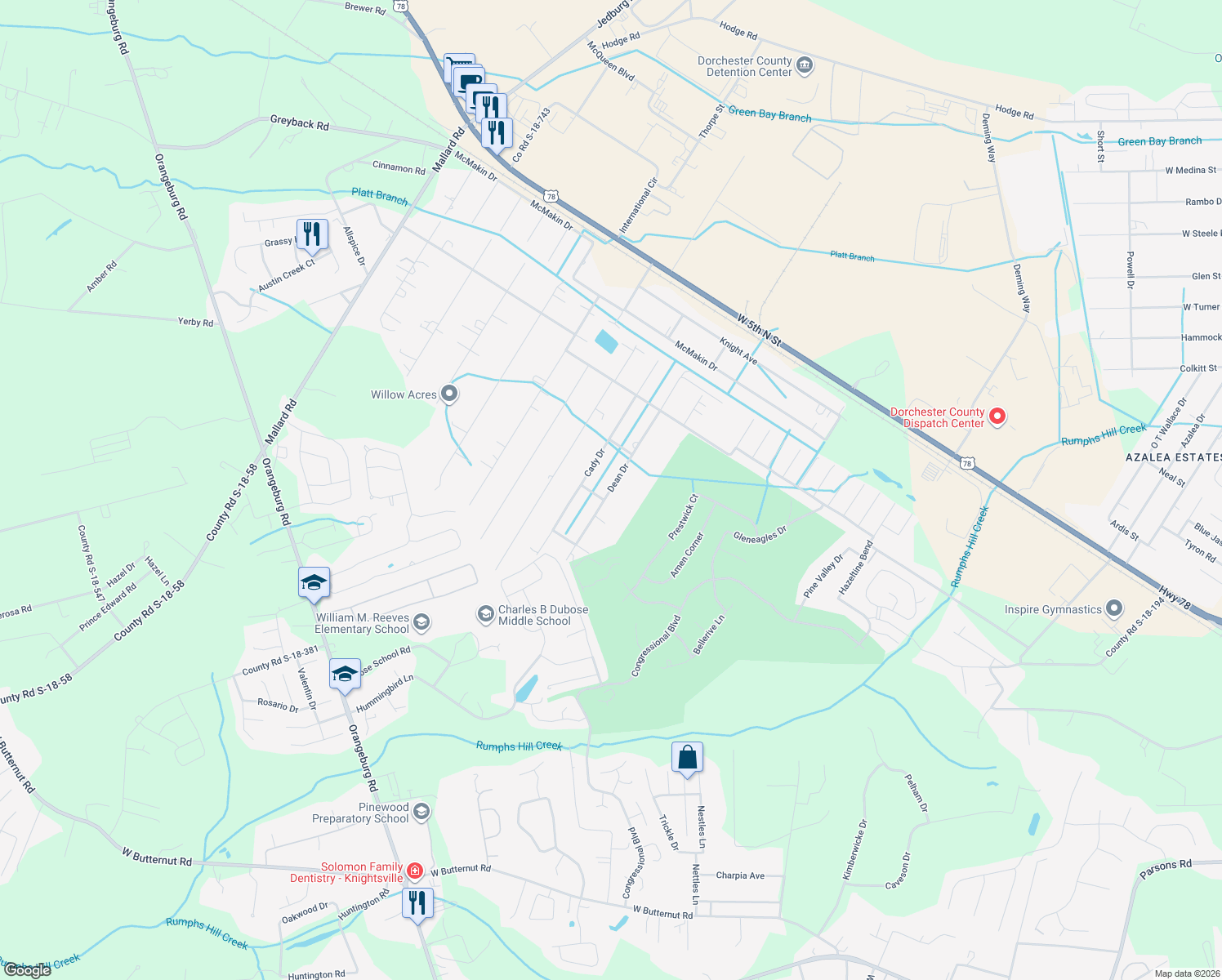 map of restaurants, bars, coffee shops, grocery stores, and more near 211 Dean Drive in Summerville