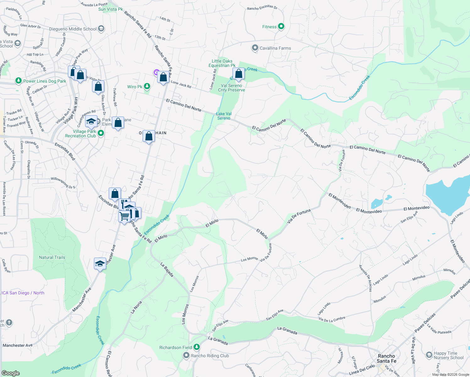map of restaurants, bars, coffee shops, grocery stores, and more near 18065 Avenida Alondra in Rancho Santa Fe