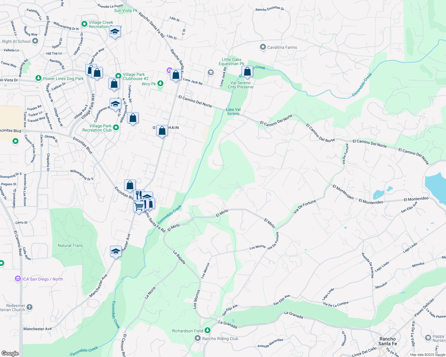 map of restaurants, bars, coffee shops, grocery stores, and more near 18072 Avenida Alondra in Rancho Santa Fe