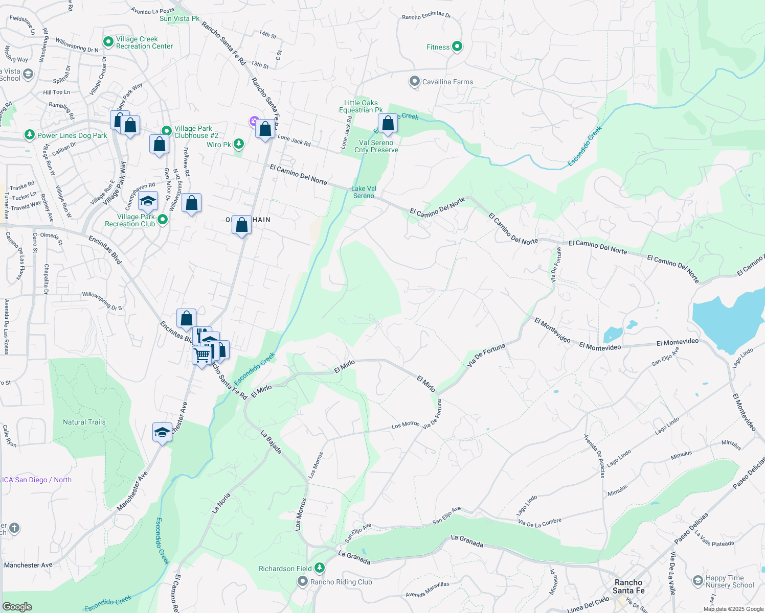 map of restaurants, bars, coffee shops, grocery stores, and more near 18065 Avenida Alondra in Rancho Santa Fe