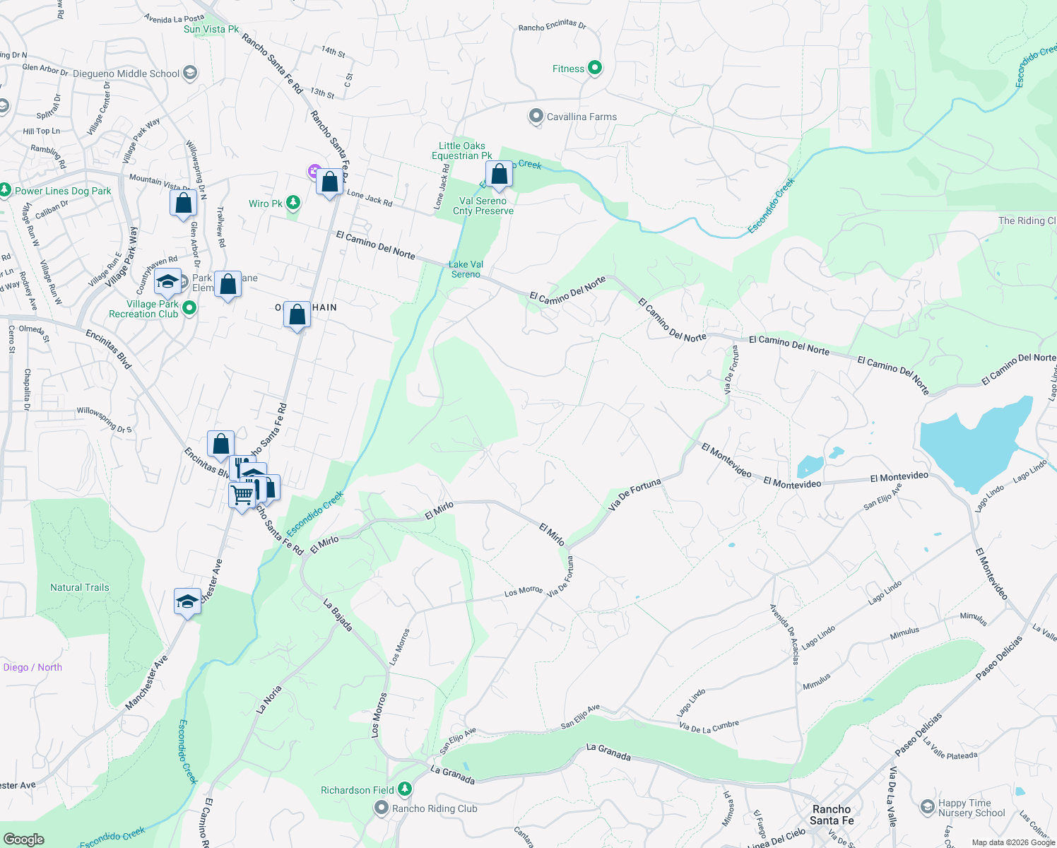 map of restaurants, bars, coffee shops, grocery stores, and more near 5235 La Crescenta Road in Rancho Santa Fe