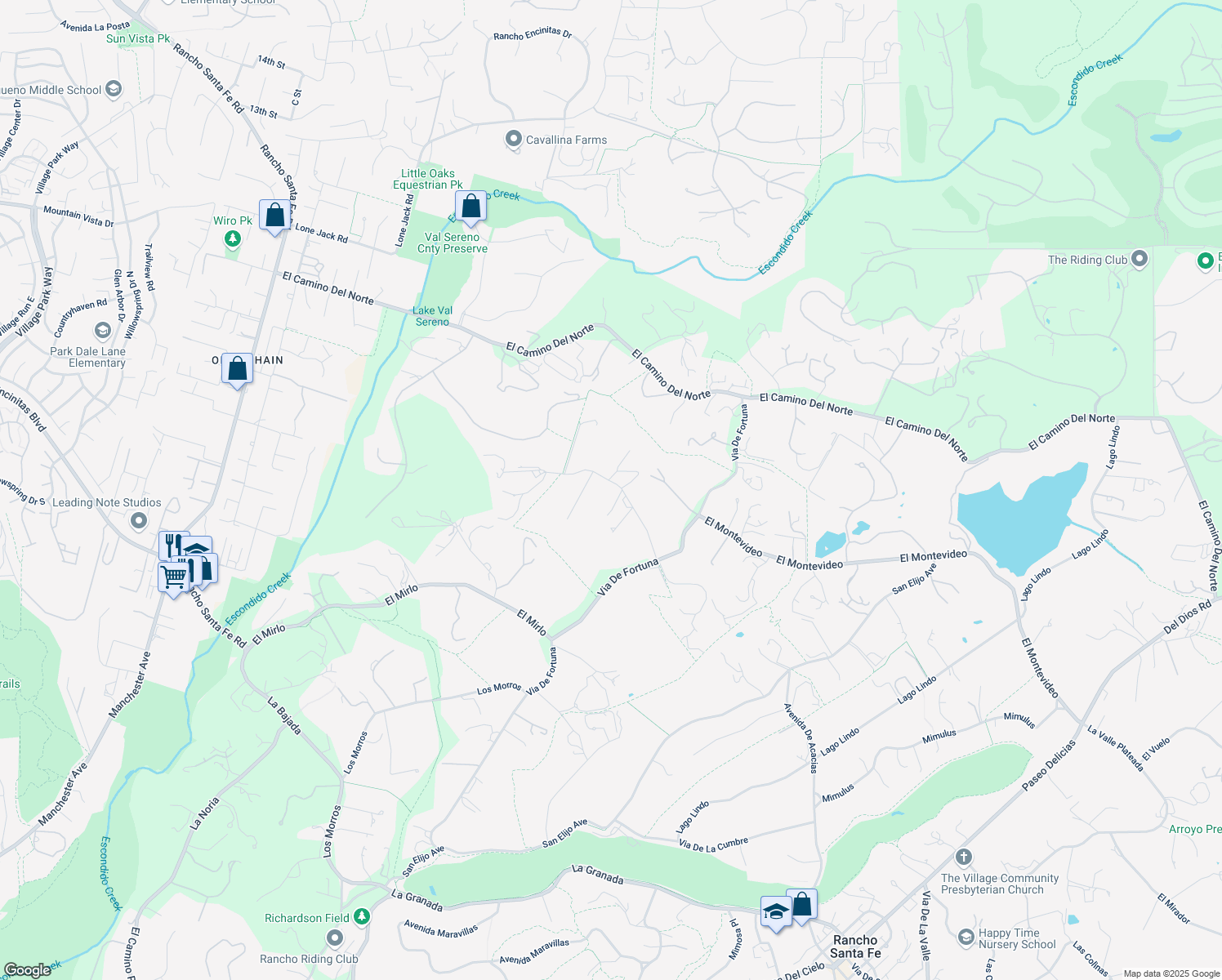 map of restaurants, bars, coffee shops, grocery stores, and more near 5475 La Crescenta Road in Rancho Santa Fe