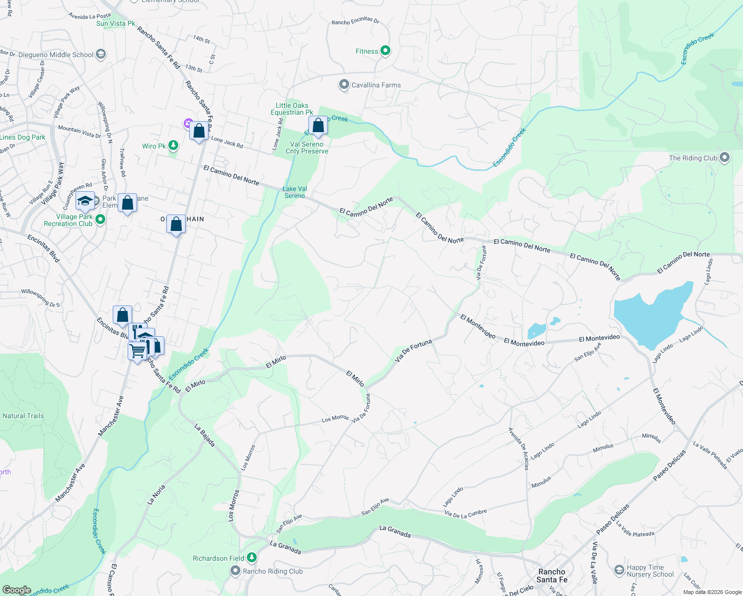 map of restaurants, bars, coffee shops, grocery stores, and more near 5355 La Crescenta Road in Rancho Santa Fe