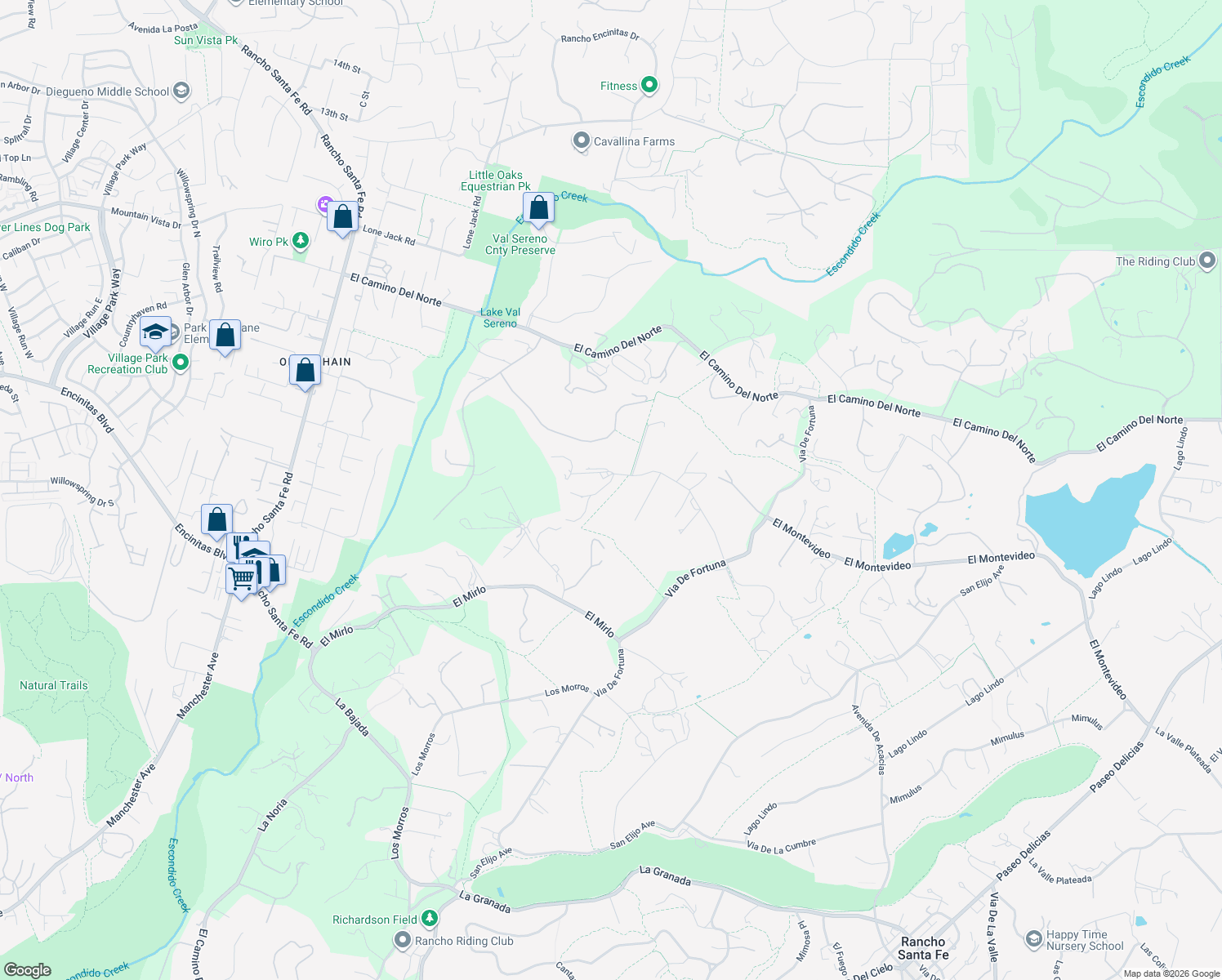 map of restaurants, bars, coffee shops, grocery stores, and more near 5355 La Crescenta Road in Rancho Santa Fe
