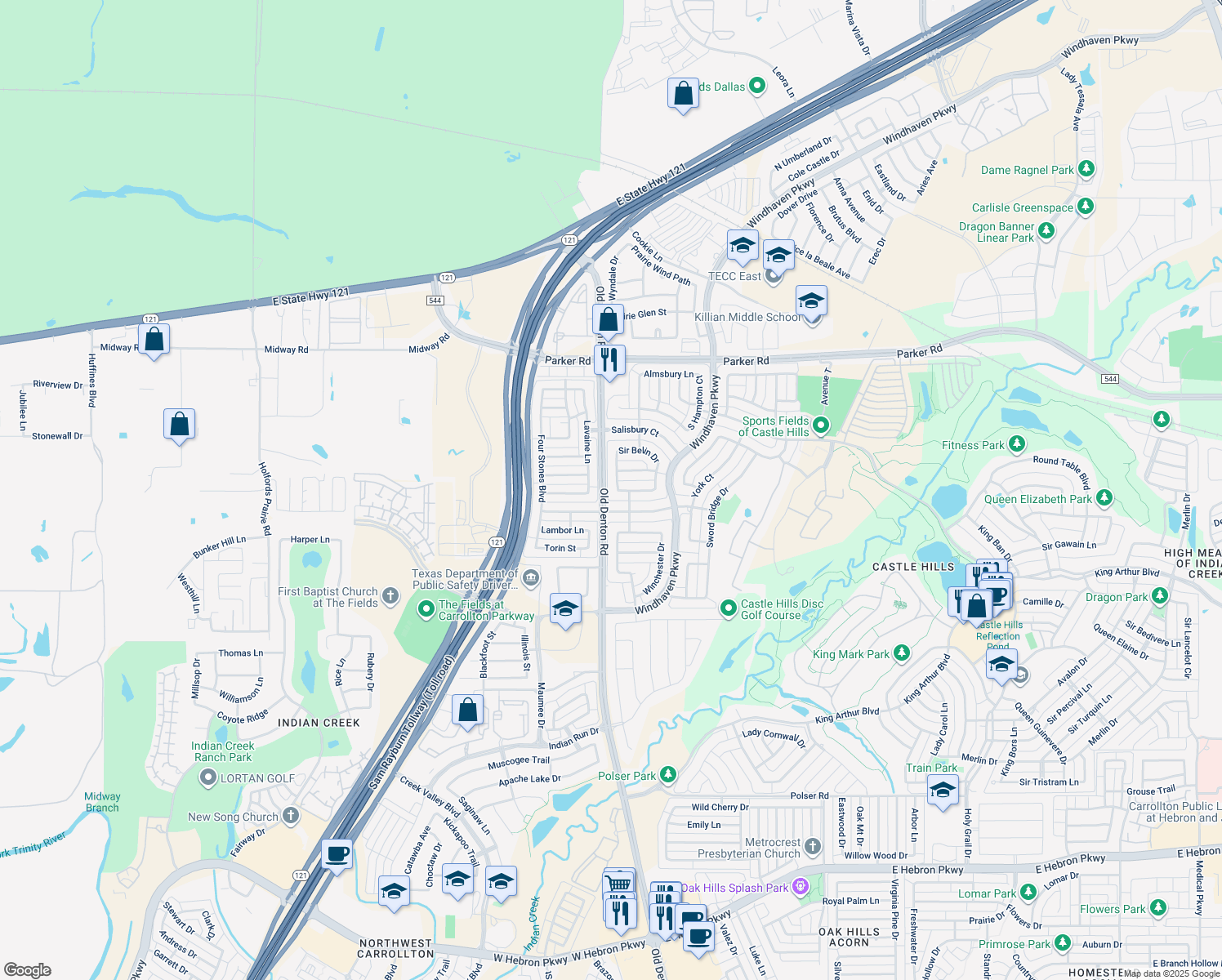 map of restaurants, bars, coffee shops, grocery stores, and more near 636 King Lionel Ln in Lewisville