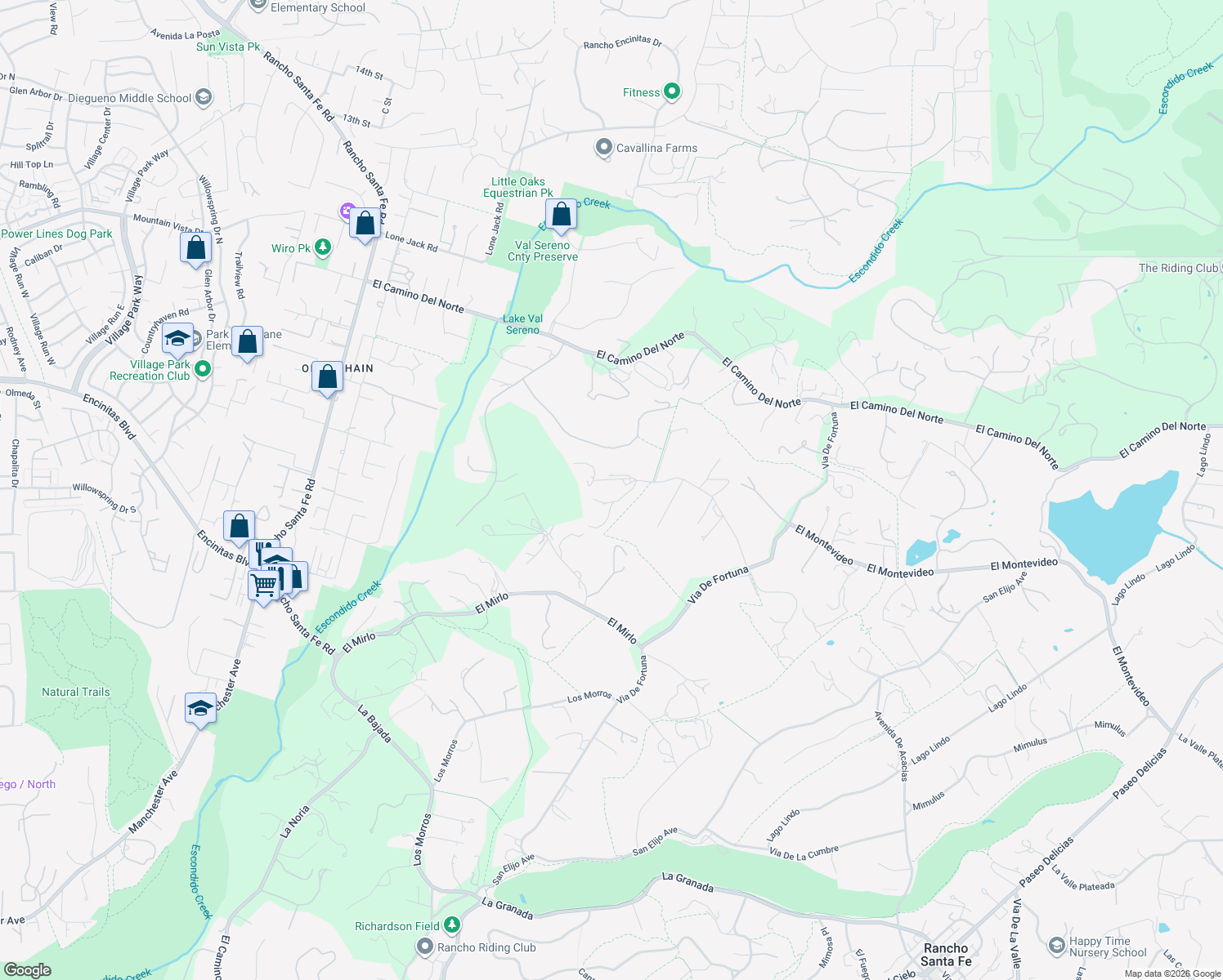 map of restaurants, bars, coffee shops, grocery stores, and more near 5235 La Crescenta Road in Rancho Santa Fe