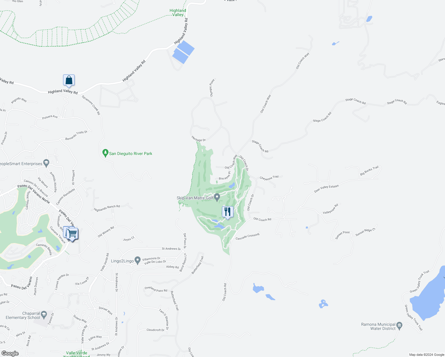 map of restaurants, bars, coffee shops, grocery stores, and more near 14130 Biscayne Place in Poway