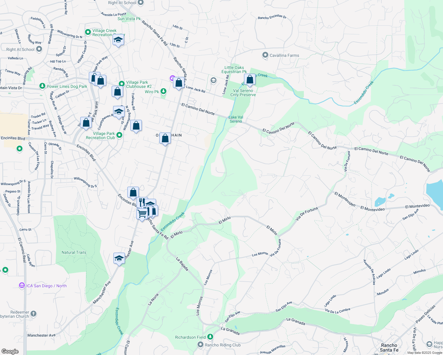 map of restaurants, bars, coffee shops, grocery stores, and more near 18072 Avenida Alondra in Rancho Santa Fe
