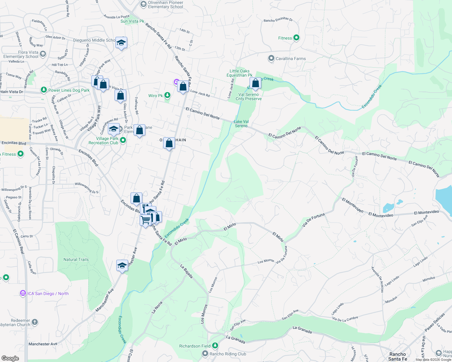 map of restaurants, bars, coffee shops, grocery stores, and more near 3071 Paseo Cielo in Rancho Santa Fe