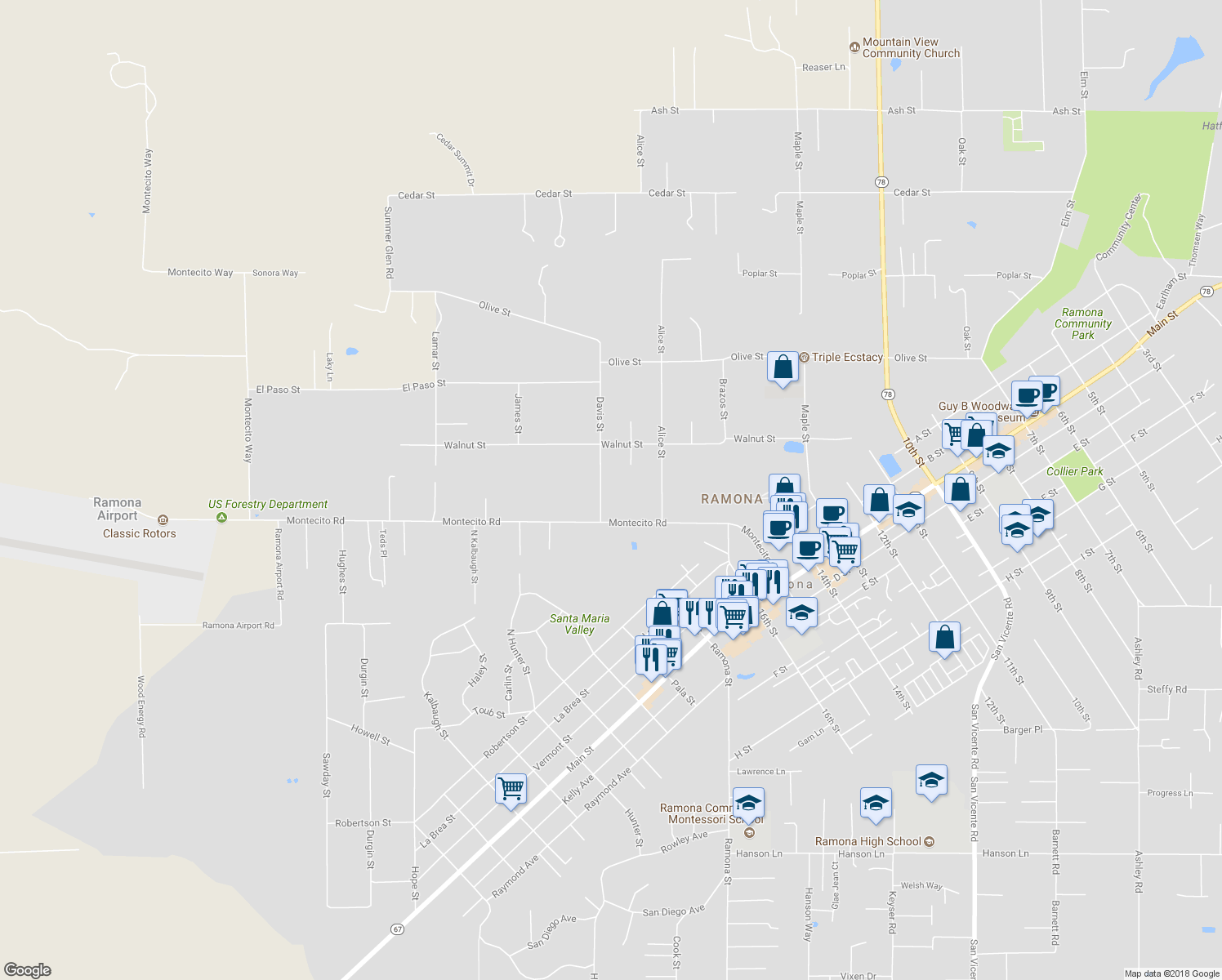 map of restaurants, bars, coffee shops, grocery stores, and more near 557 Davis Street in Ramona