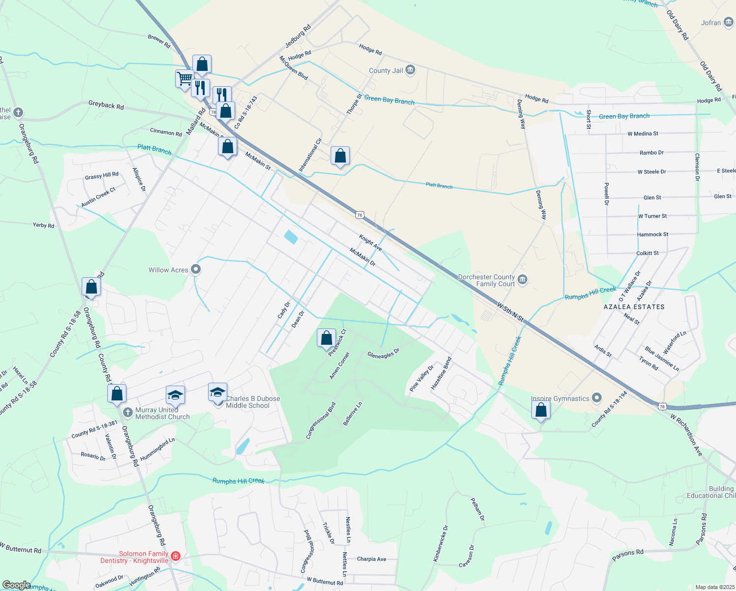 map of restaurants, bars, coffee shops, grocery stores, and more near 103 La Costa Way in Summerville