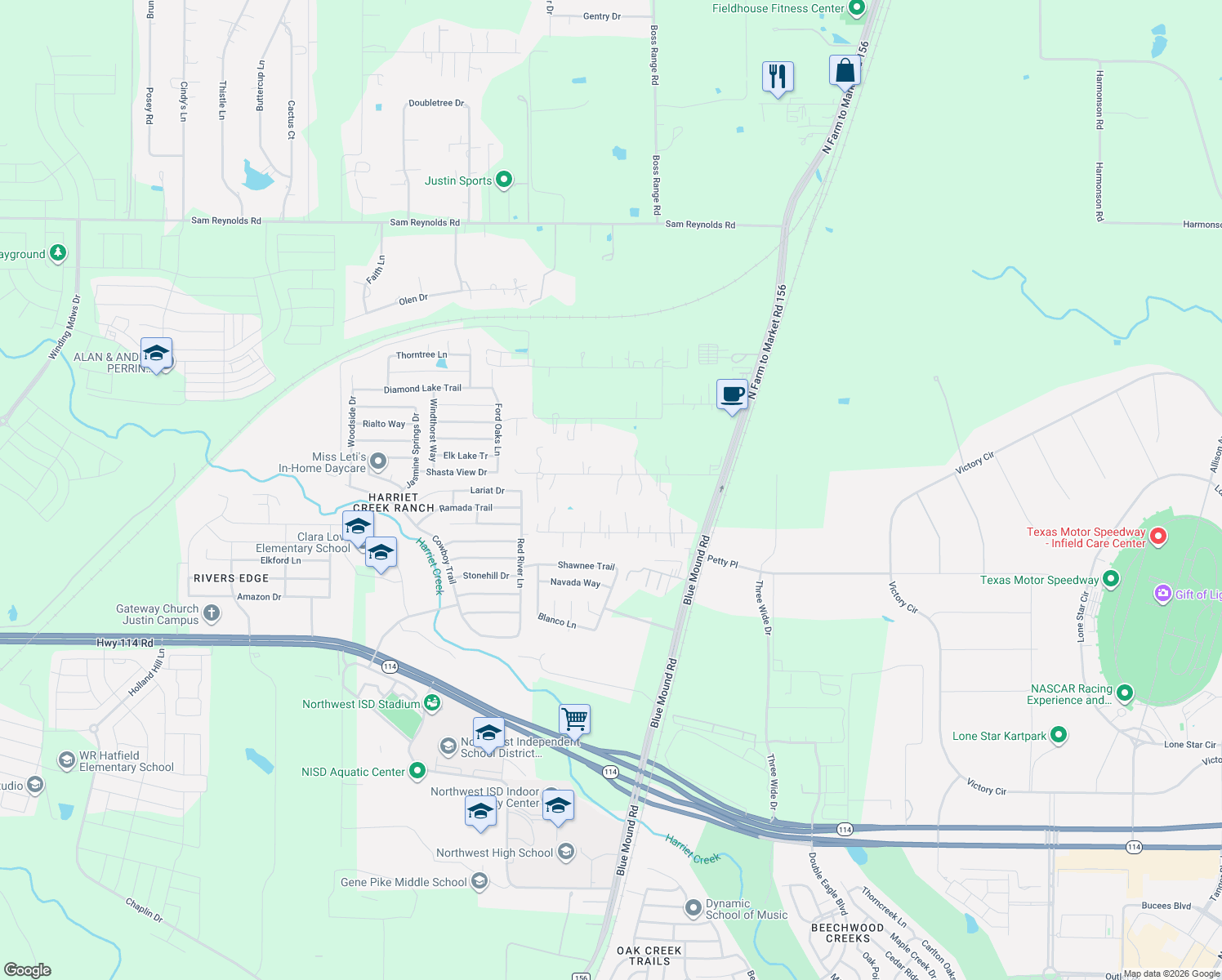 map of restaurants, bars, coffee shops, grocery stores, and more near 17344 Gaffield Rd in Justin