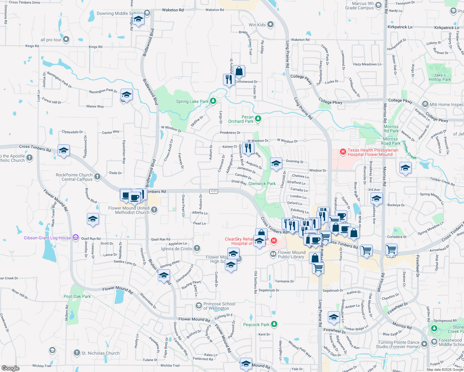 map of restaurants, bars, coffee shops, grocery stores, and more near 3416 Heather Glen Drive in Flower Mound