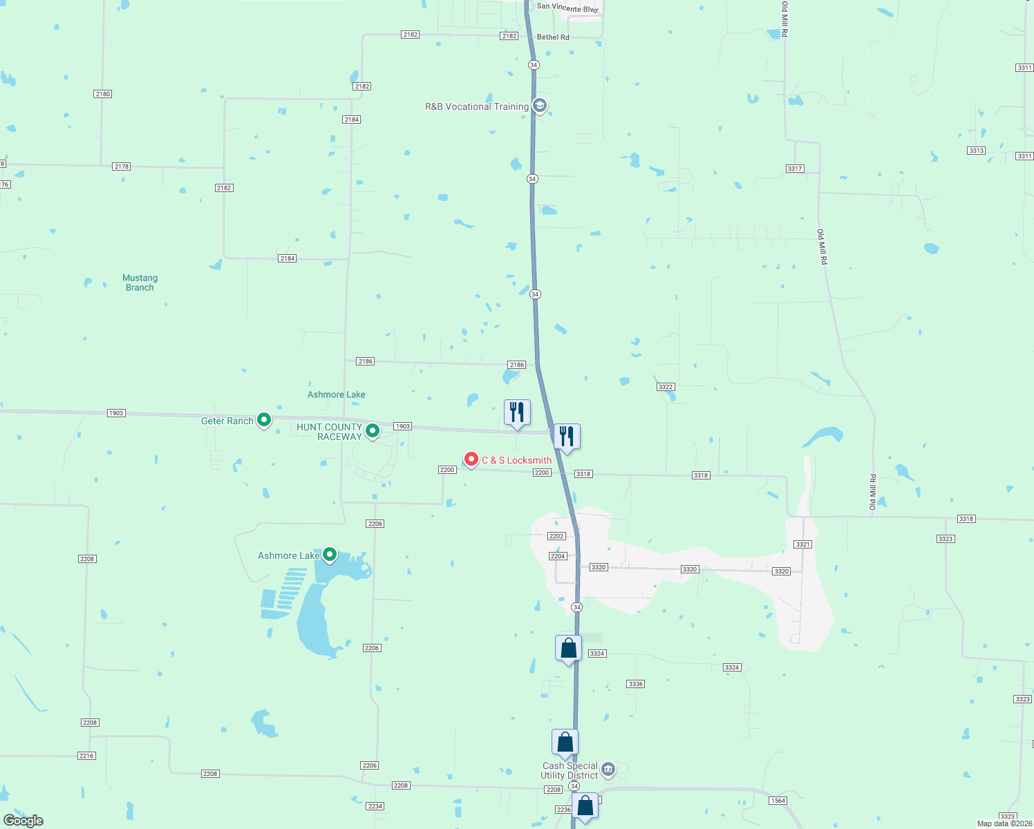 map of restaurants, bars, coffee shops, grocery stores, and more near 166 Farm to Market Road 1903 in Greenville