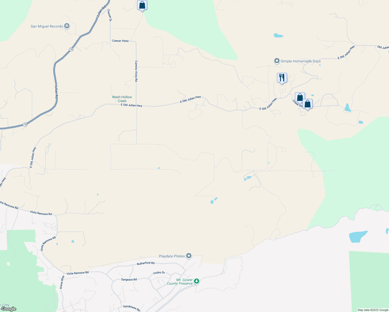 map of restaurants, bars, coffee shops, grocery stores, and more near 24848 Starlight Mountain Road in Ramona