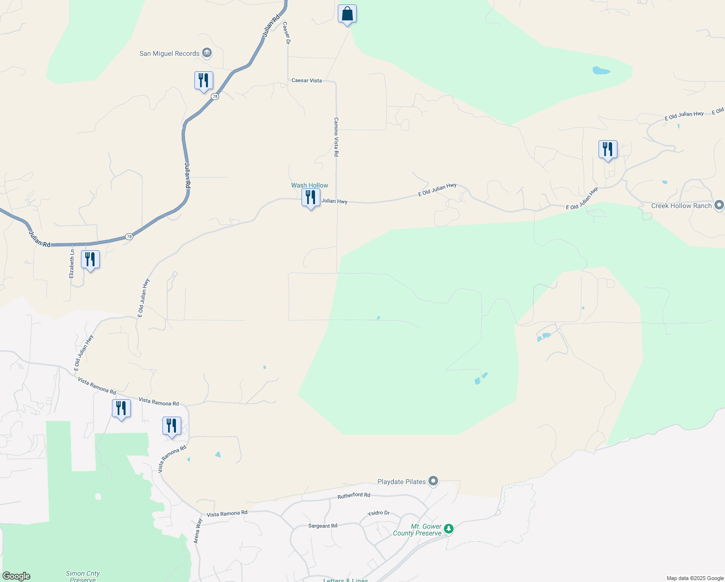 map of restaurants, bars, coffee shops, grocery stores, and more near 24255 Starlight Mountain Road in Ramona
