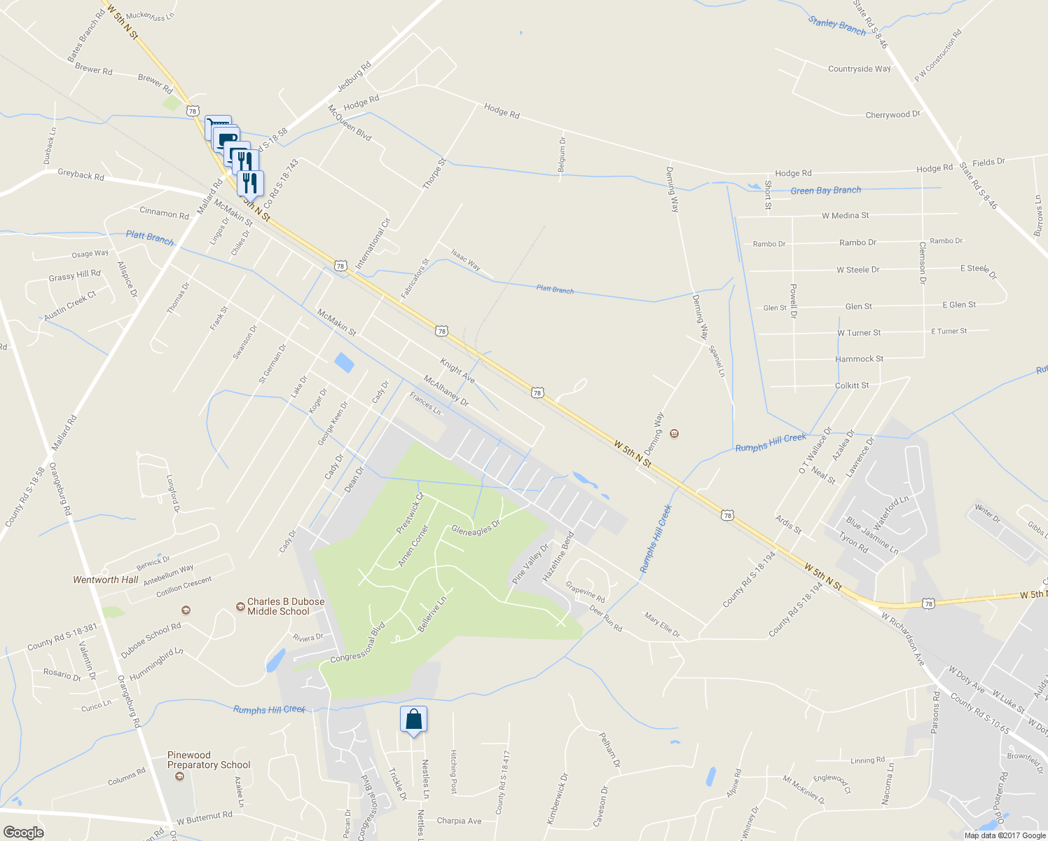 map of restaurants, bars, coffee shops, grocery stores, and more near 168 Knight Avenue in Summerville