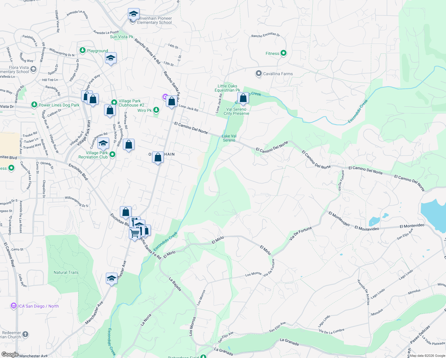 map of restaurants, bars, coffee shops, grocery stores, and more near 431 Flores De Oro in Rancho Santa Fe