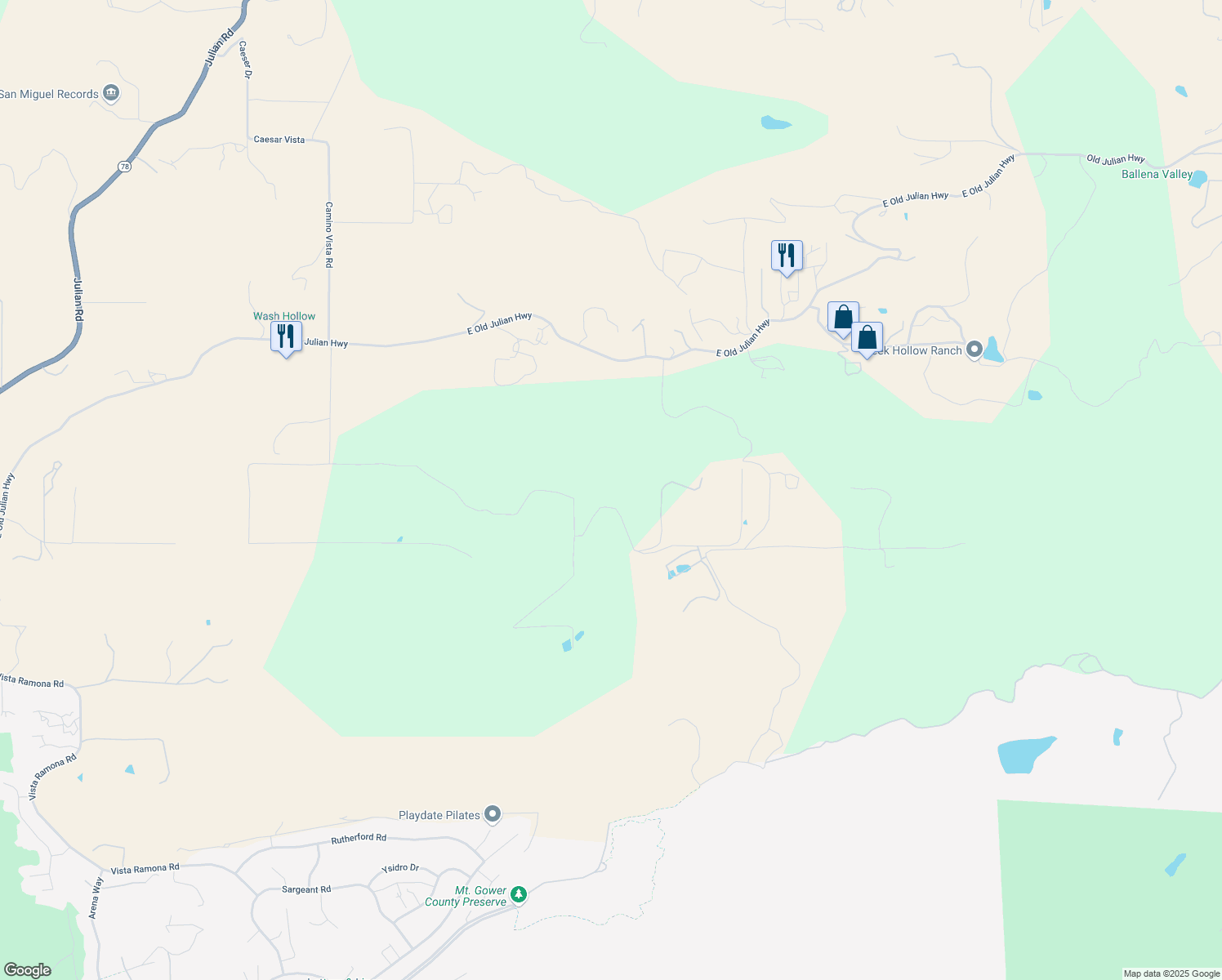 map of restaurants, bars, coffee shops, grocery stores, and more near 24848 Starlight Mountain Road in Ramona