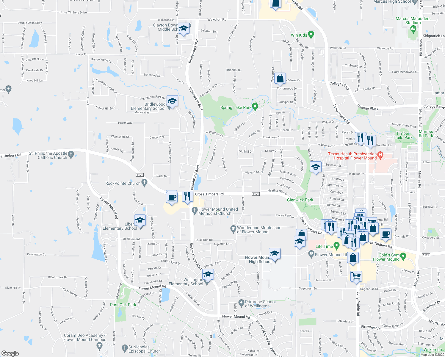 map of restaurants, bars, coffee shops, grocery stores, and more near 4208 Fairway Drive in Flower Mound