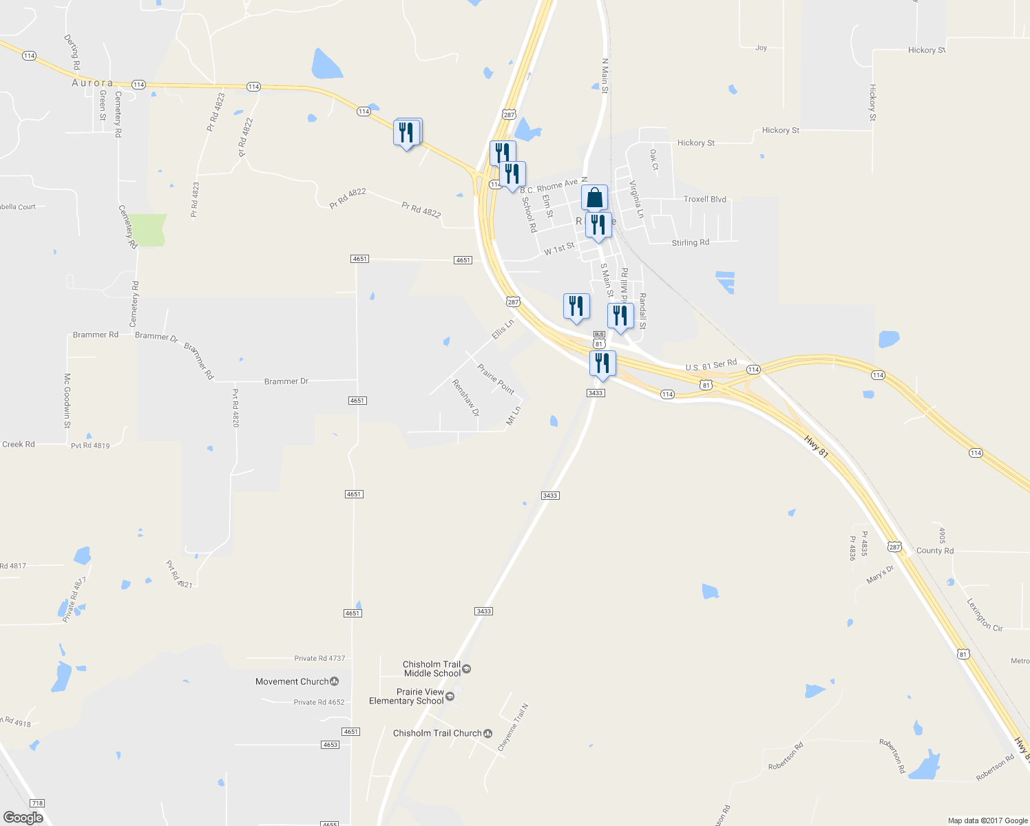 map of restaurants, bars, coffee shops, grocery stores, and more near 1104 Mount Lane in Rhome