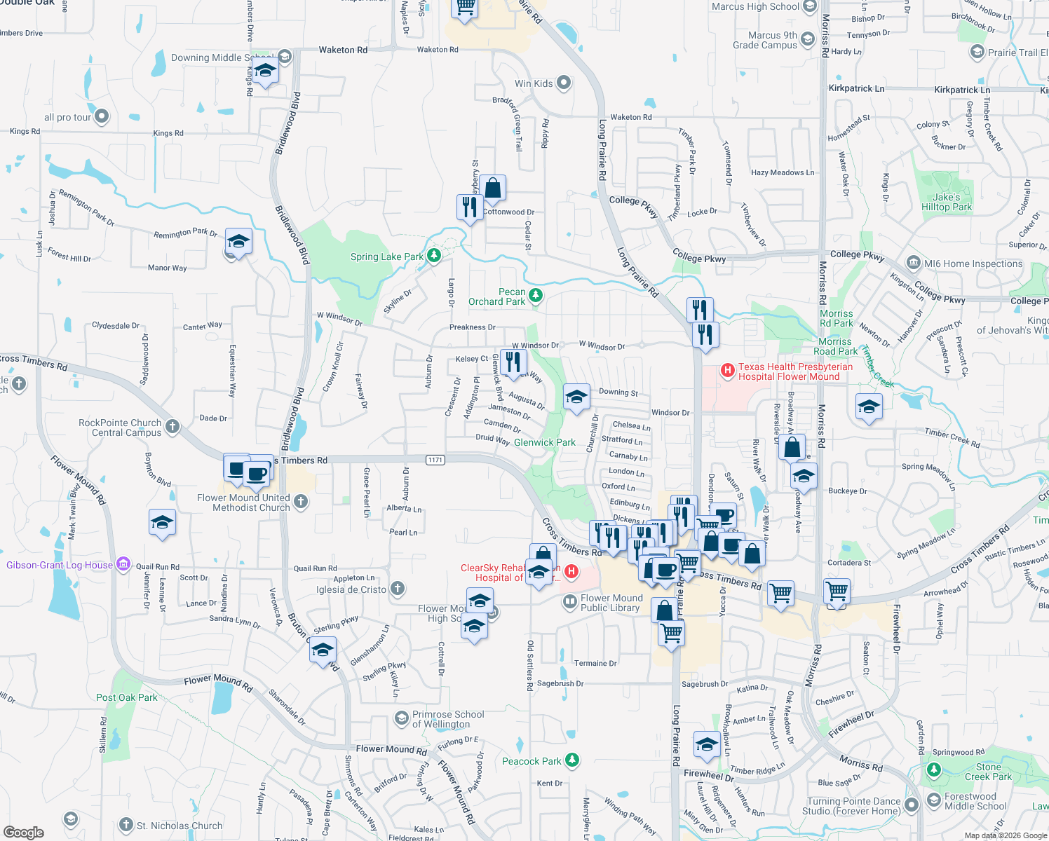 map of restaurants, bars, coffee shops, grocery stores, and more near 3305 Jameston Dr in Flower Mound
