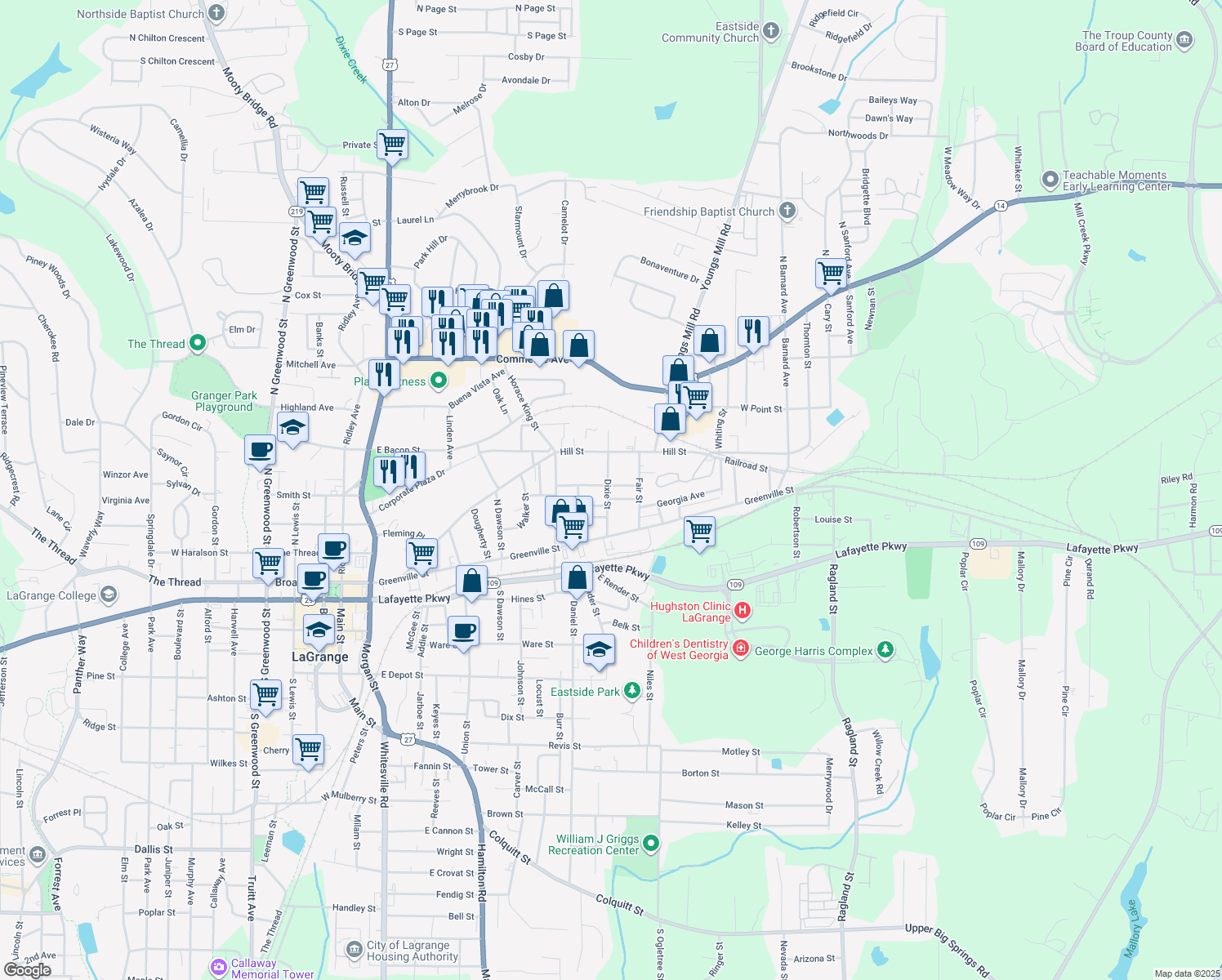 map of restaurants, bars, coffee shops, grocery stores, and more near 700 De Groat Street in LaGrange
