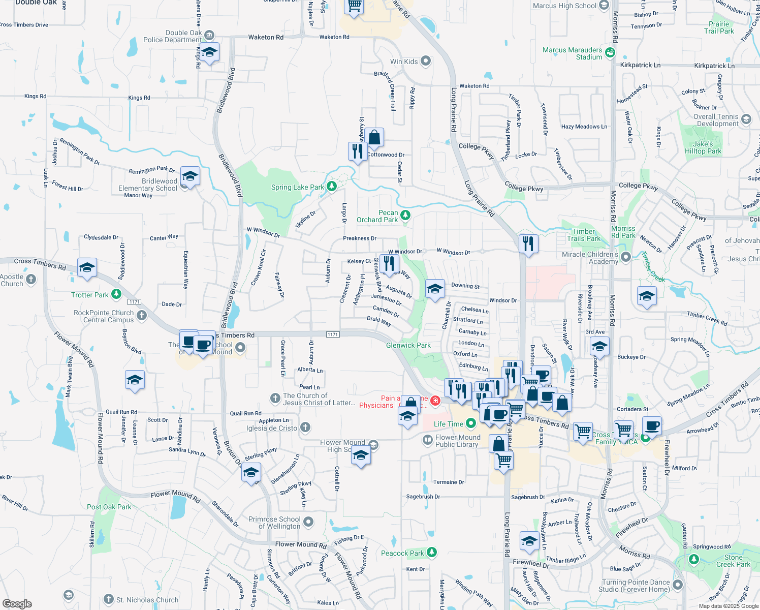 map of restaurants, bars, coffee shops, grocery stores, and more near 3400 Camden Dr in Flower Mound