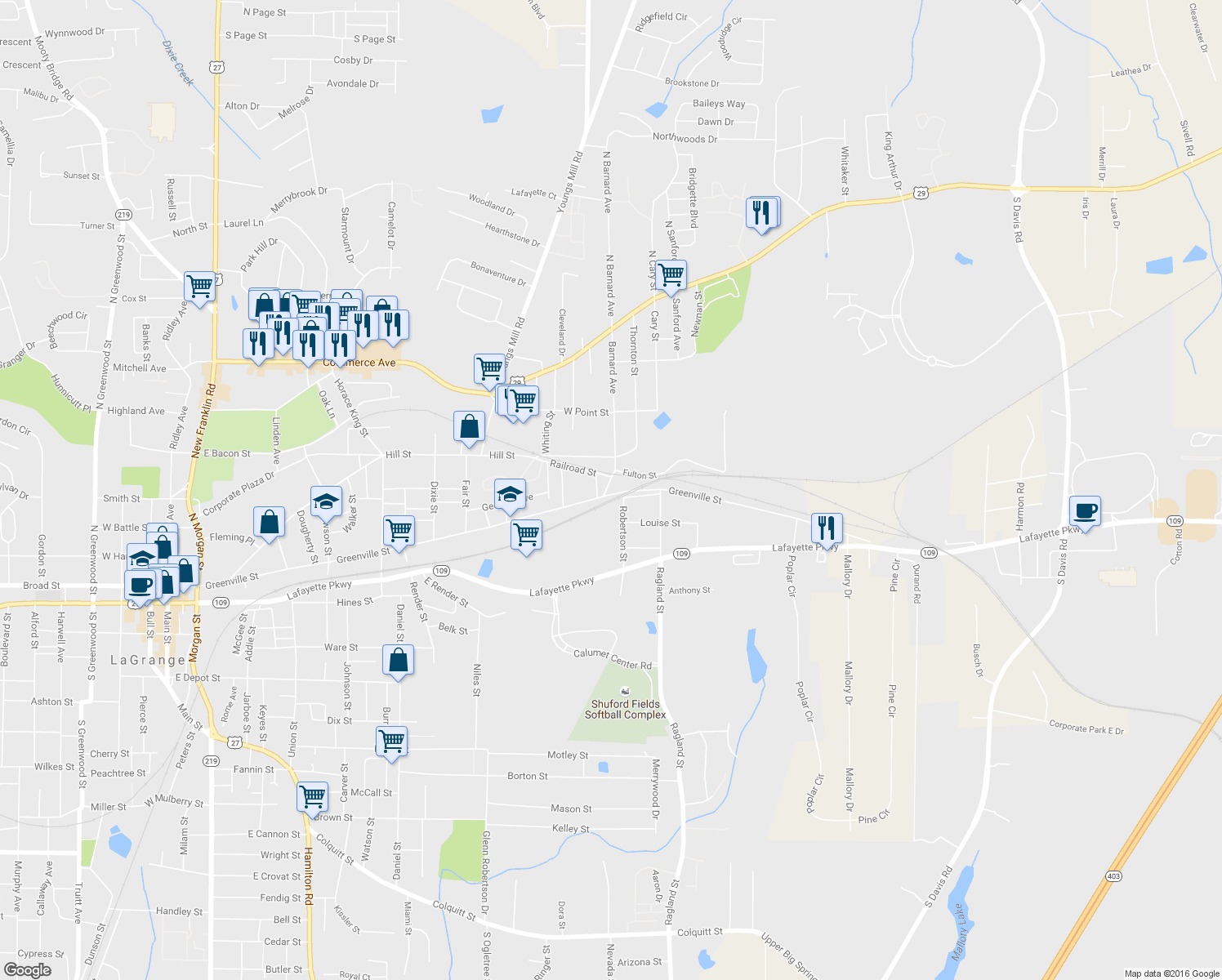map of restaurants, bars, coffee shops, grocery stores, and more near 3 South Barnard Avenue in LaGrange
