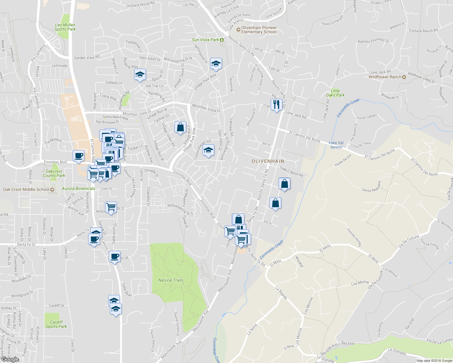 map of restaurants, bars, coffee shops, grocery stores, and more near 201 Meadow Vista Way in Encinitas
