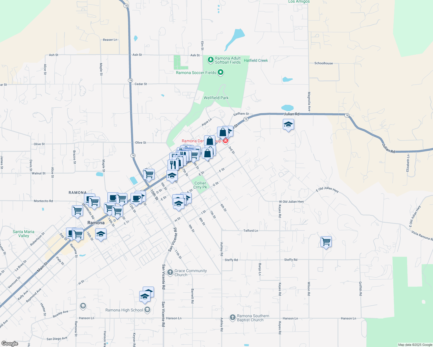 map of restaurants, bars, coffee shops, grocery stores, and more near 5th Street in Ramona