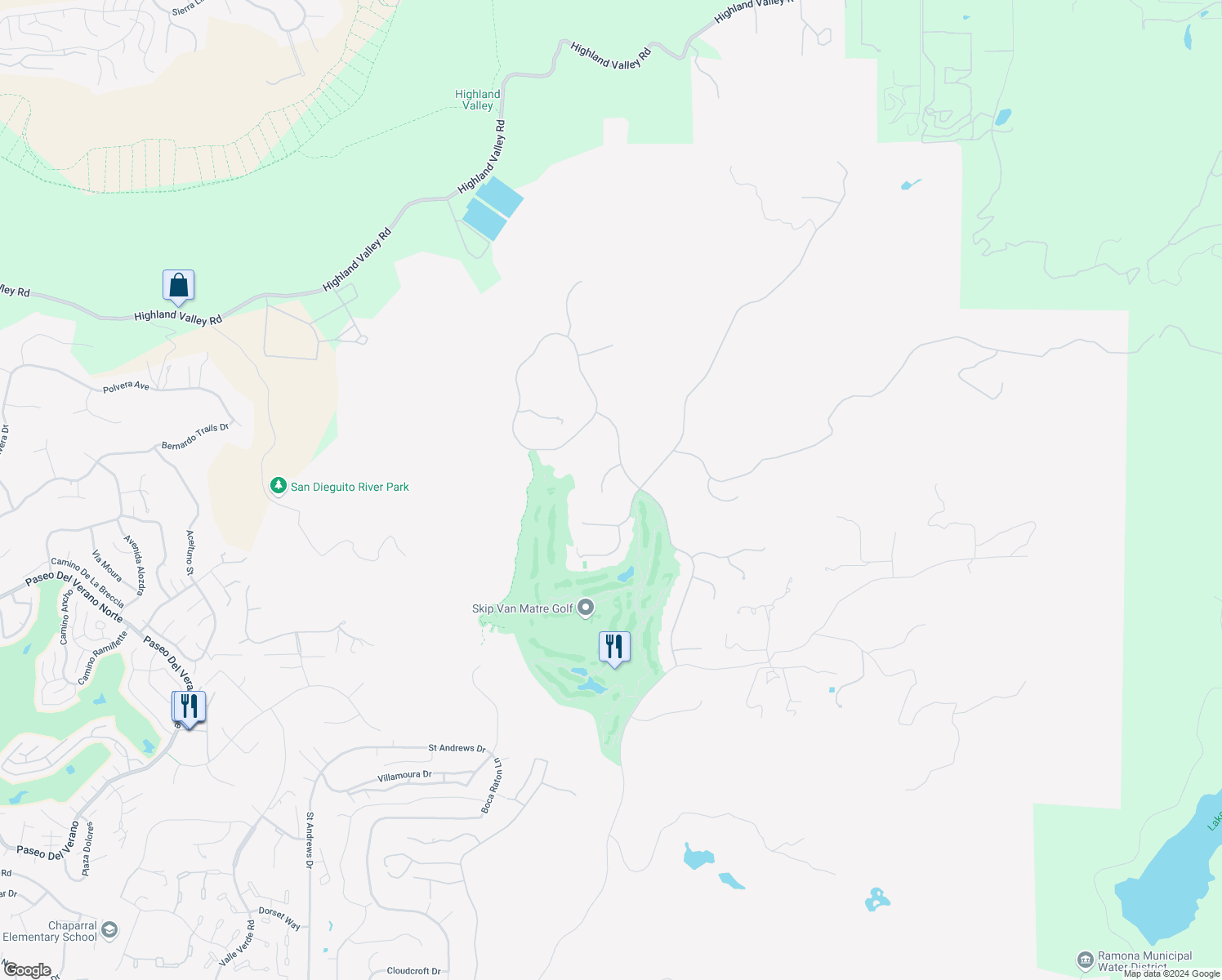 map of restaurants, bars, coffee shops, grocery stores, and more near 14165 Bryce Point in Poway