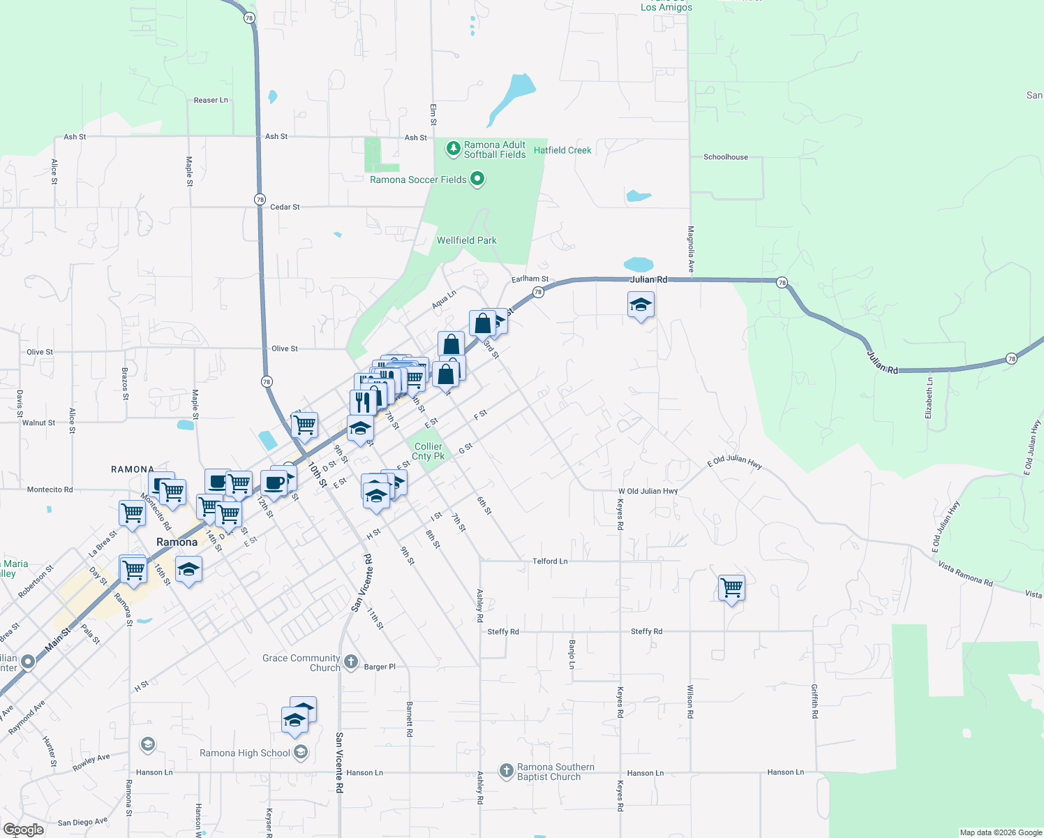 map of restaurants, bars, coffee shops, grocery stores, and more near 322 G Street in Ramona