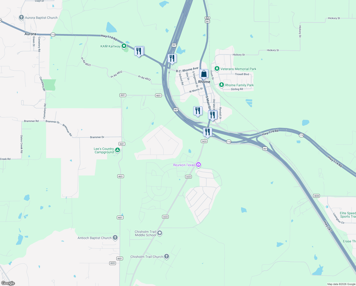 map of restaurants, bars, coffee shops, grocery stores, and more near 1316 Prairie Point in Rhome