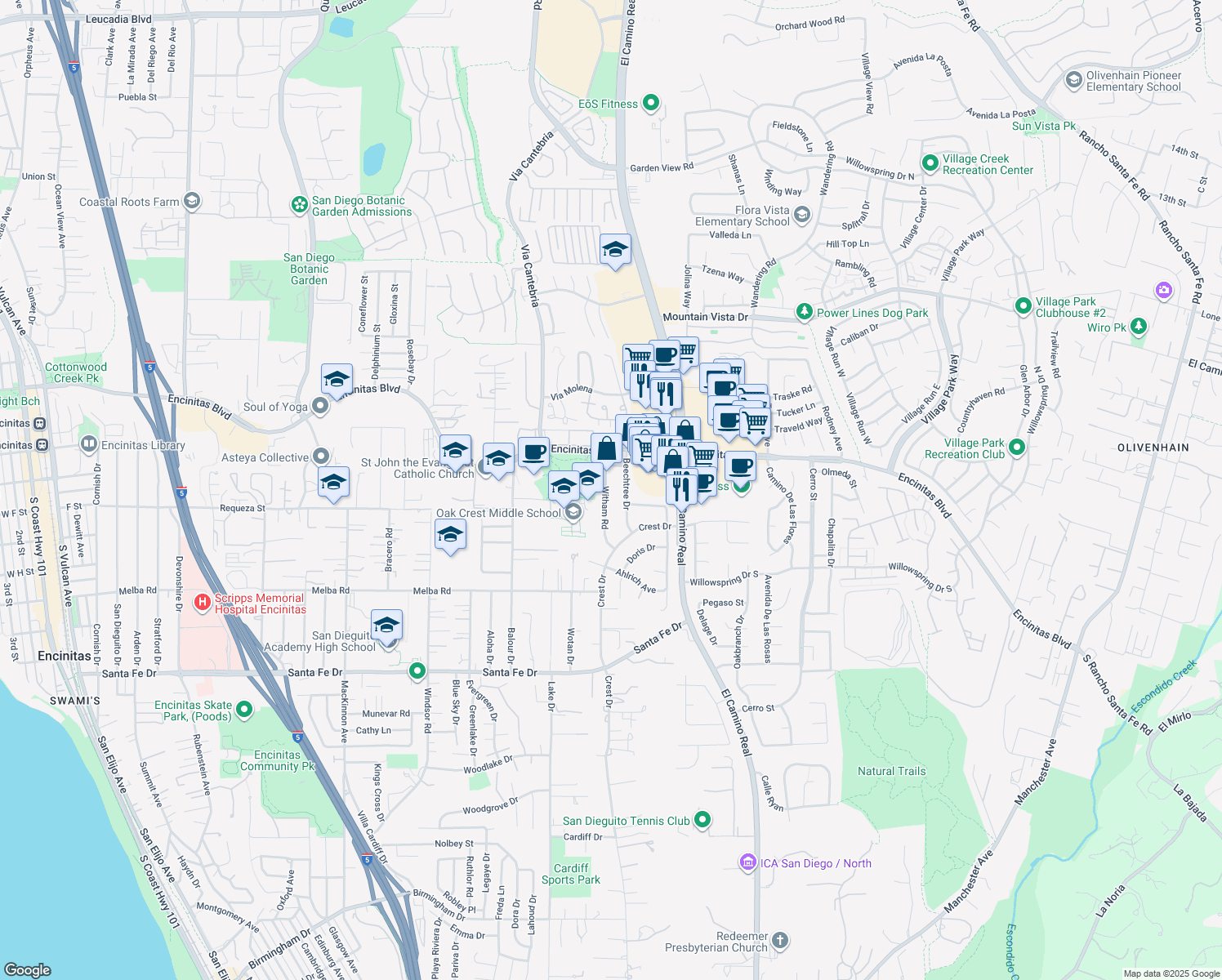 map of restaurants, bars, coffee shops, grocery stores, and more near 147 Witham Road in Encinitas