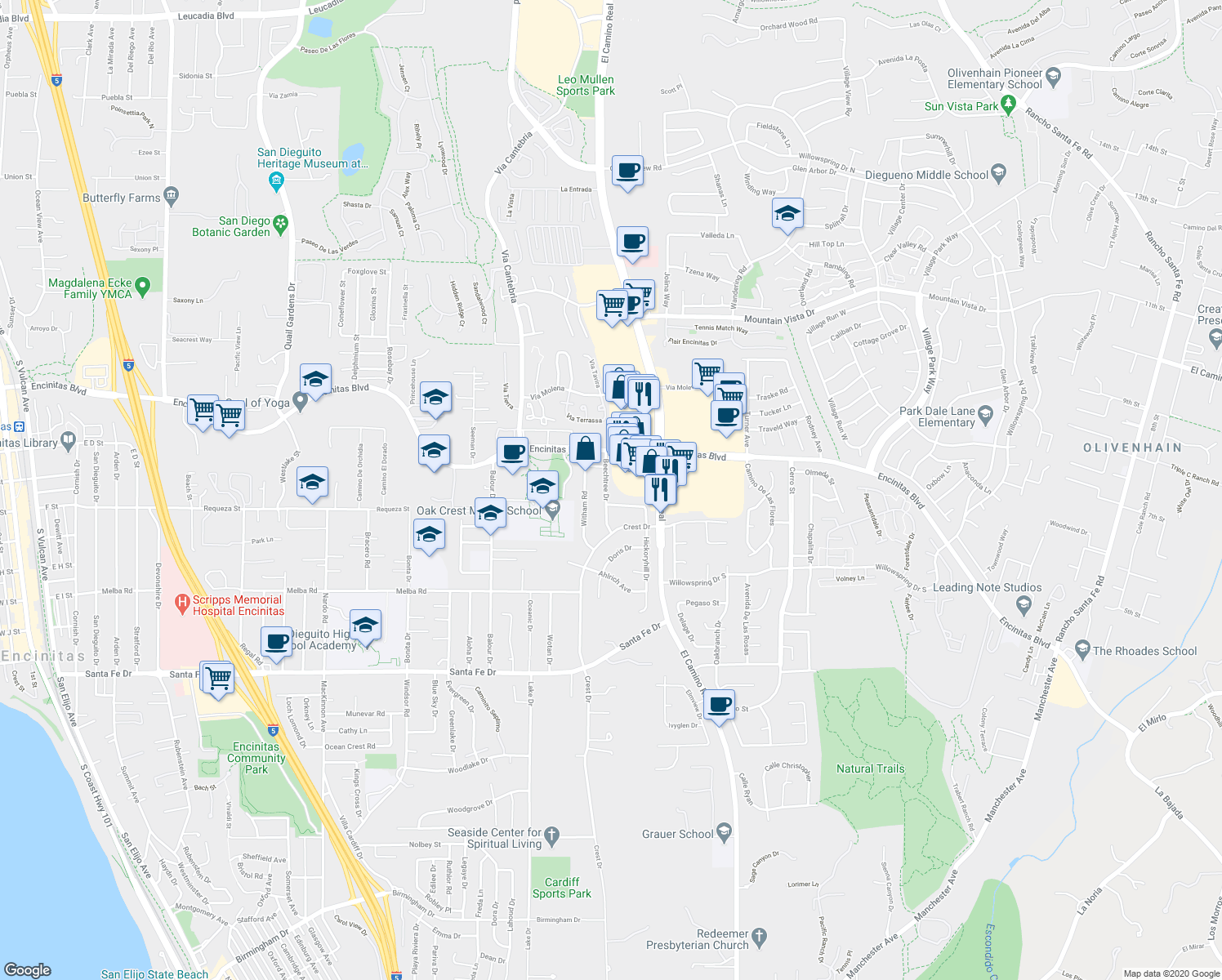 map of restaurants, bars, coffee shops, grocery stores, and more near 157 Beechtree Drive in Encinitas