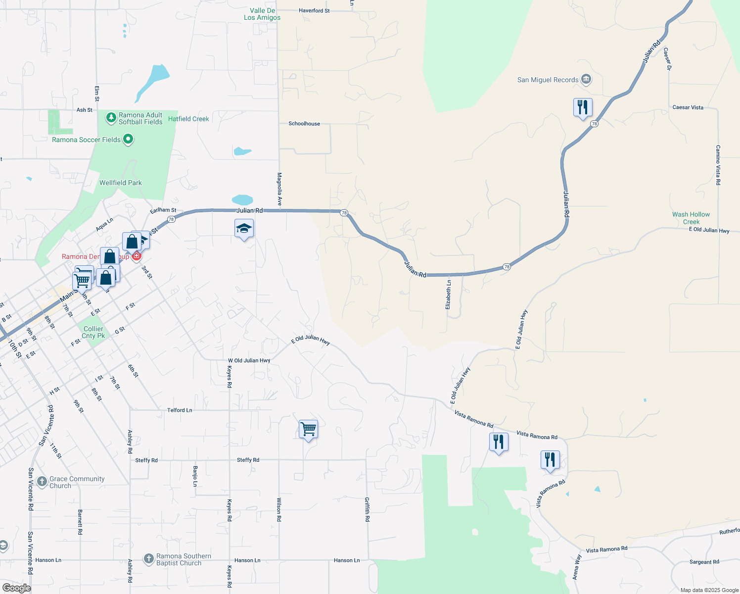 map of restaurants, bars, coffee shops, grocery stores, and more near 333 Salmon Road in Ramona