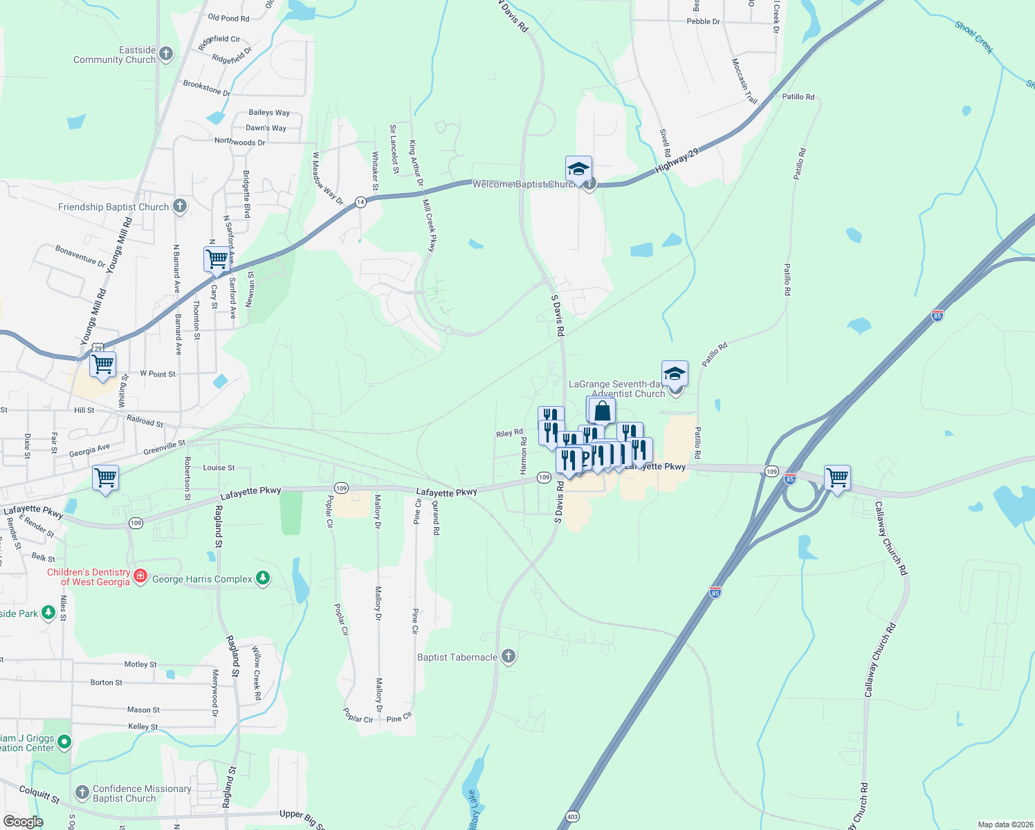 map of restaurants, bars, coffee shops, grocery stores, and more near 305 Harmon Road in LaGrange