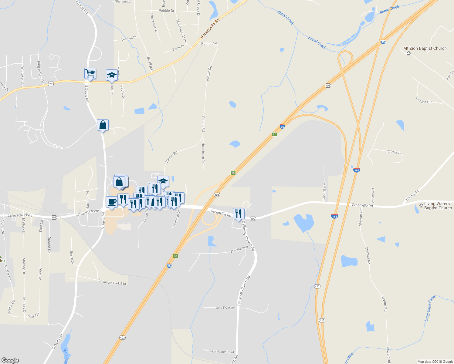 map of restaurants, bars, coffee shops, grocery stores, and more near Interstate 85 in LaGrange
