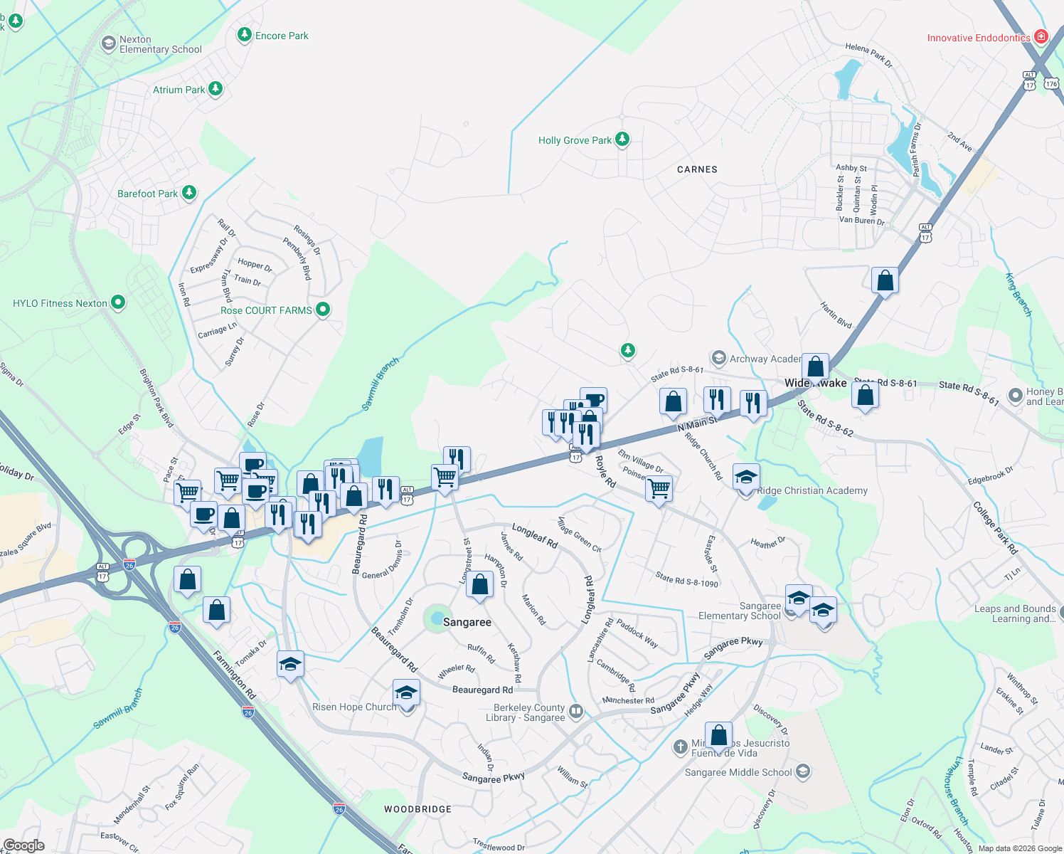 map of restaurants, bars, coffee shops, grocery stores, and more near 121 Serendipity Ln in Summerville