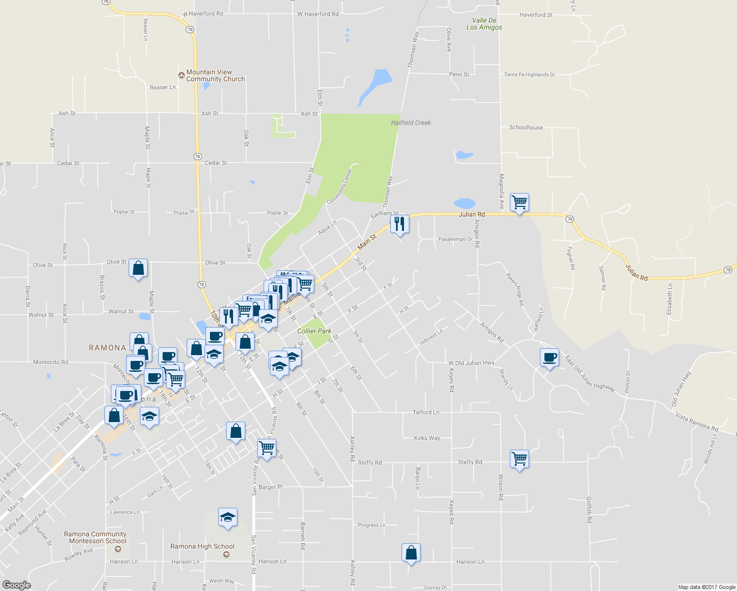 map of restaurants, bars, coffee shops, grocery stores, and more near 325 F Street in Ramona