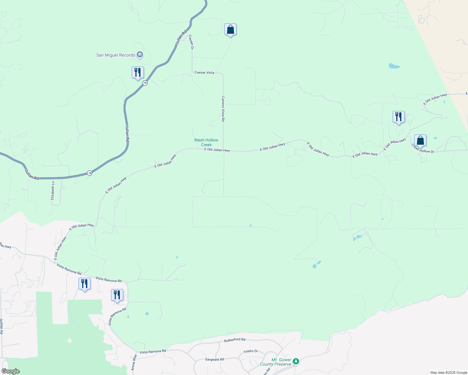 map of restaurants, bars, coffee shops, grocery stores, and more near 24255 Starlight Mountain Road in Ramona