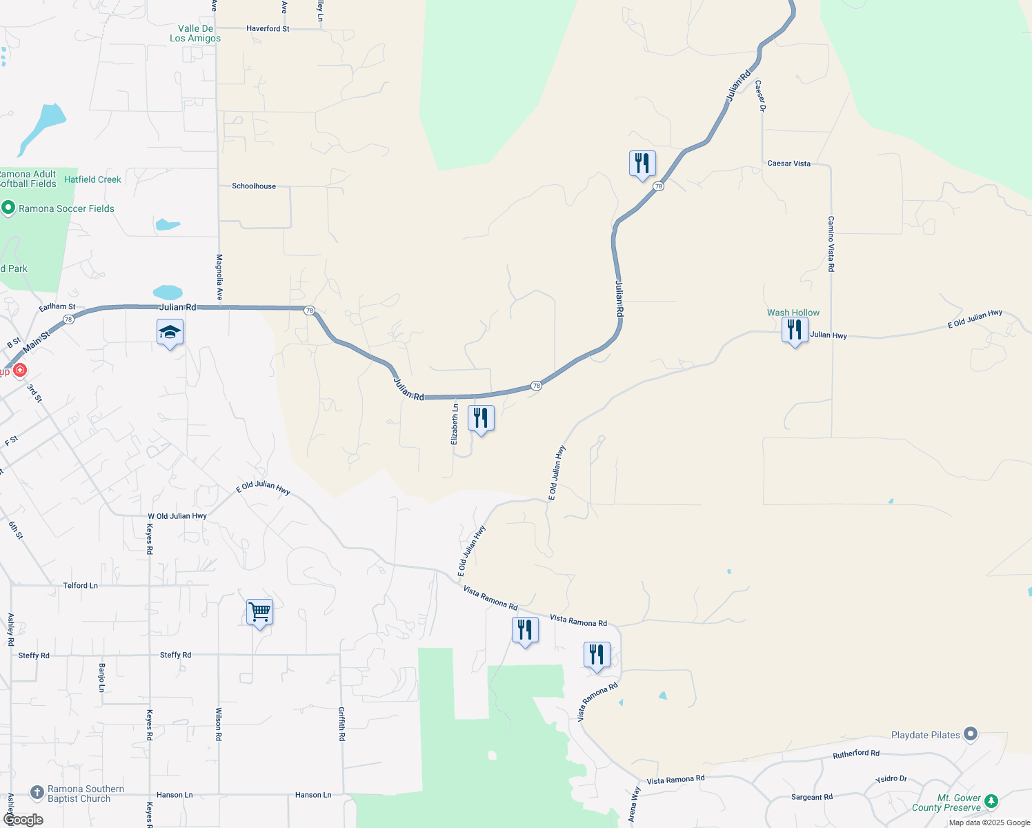 map of restaurants, bars, coffee shops, grocery stores, and more near 252 Passing Lane in Ramona