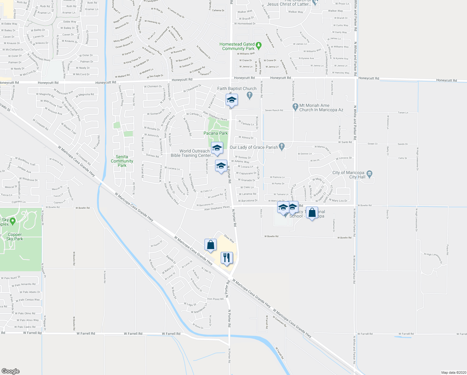 map of restaurants, bars, coffee shops, grocery stores, and more near 18270 North Jameson Drive in Maricopa