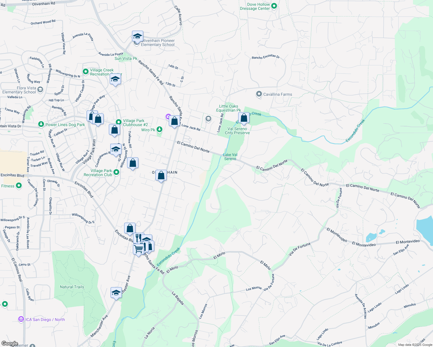 map of restaurants, bars, coffee shops, grocery stores, and more near 560 Flores De Oro in Rancho Santa Fe