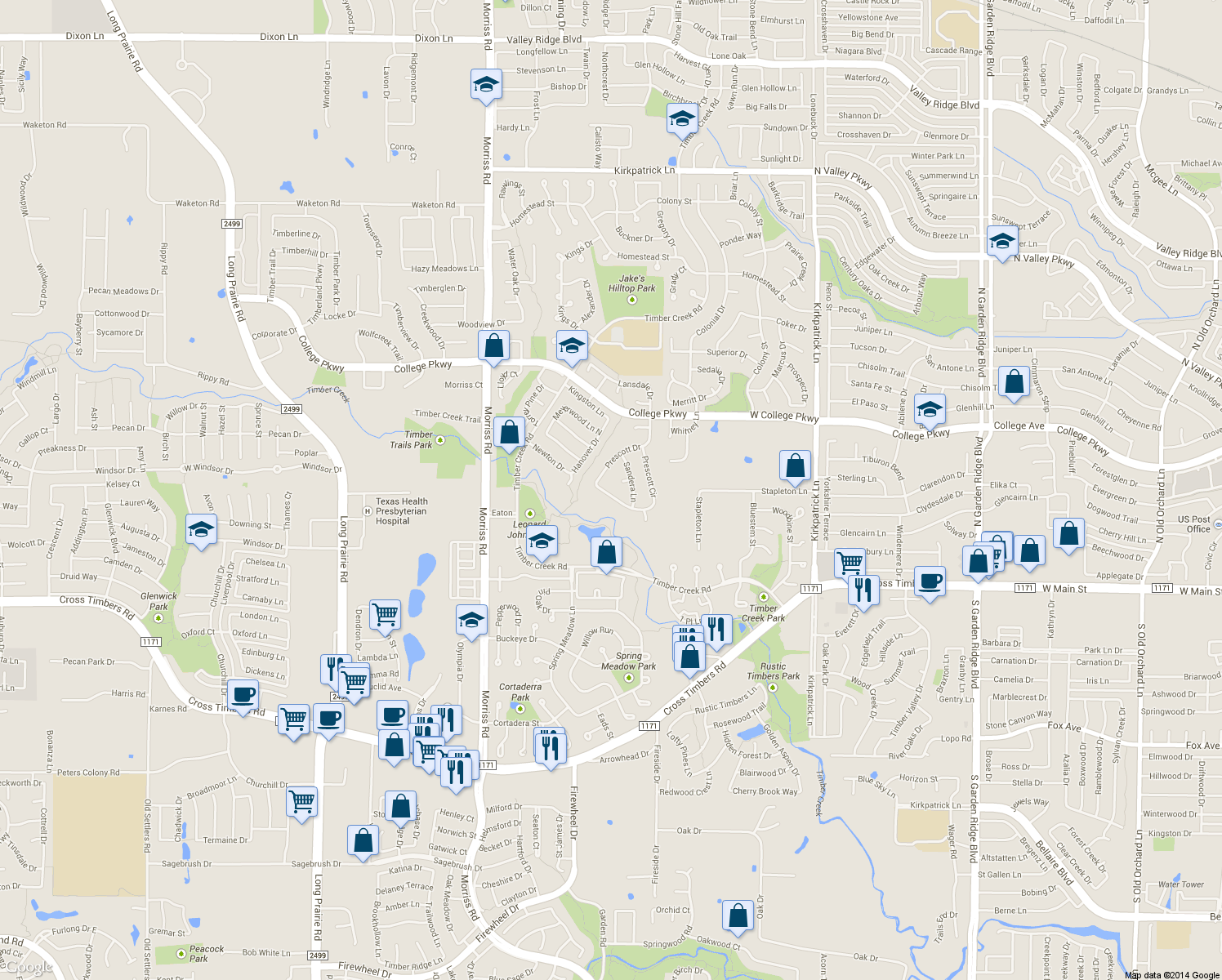 map of restaurants, bars, coffee shops, grocery stores, and more near 1648 Prescott Circle in Flower Mound